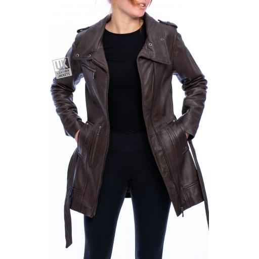 Womens Brown Leather Coat - Asymmetric Zip - Berlin - Unzipped