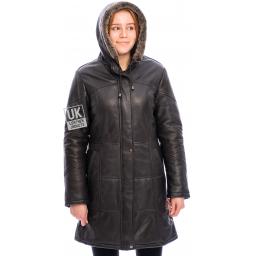Women's Brown Leather Quilted Coat with Hood - Alicia - Leather Hood