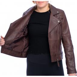 Womens Asymmetric Leather Jacket in Maroon Burgundy - Isla- Lining