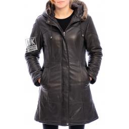 Women's Brown Leather Quilted Coat with Hood - Alicia - Waist Pockets