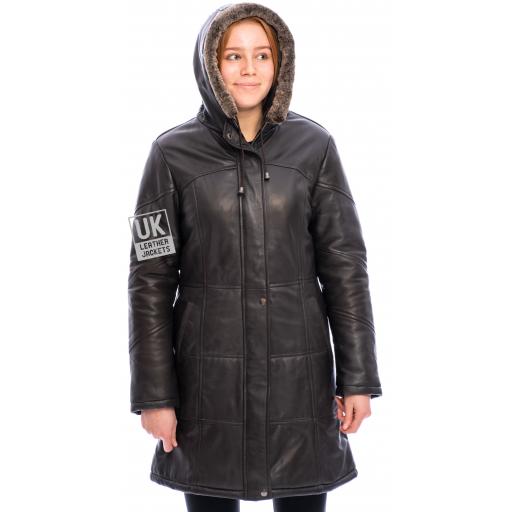Women's Brown Leather Quilted Coat with Hood - Alicia - Leather Hood