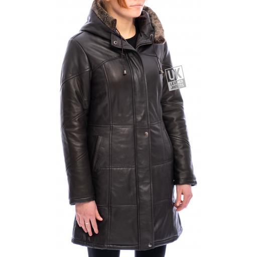 FWomen's Brown Leather Quilted Coat with Hood - Alicia - Side