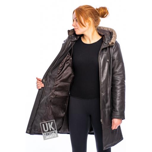 Women's Brown Leather Quilted Coat with Hood - Alicia - Lining
