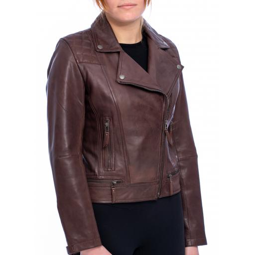 Womens Asymmetric Leather Jacket in Maroon Burgundy - Isla - Front