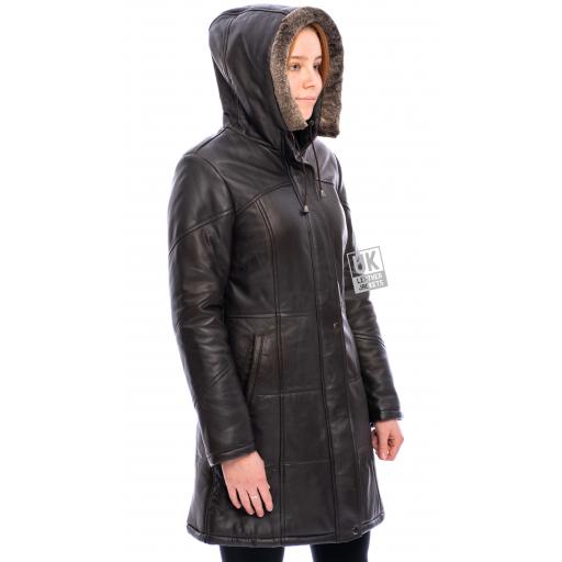Women's Brown Leather Quilted Coat with Hood - Alicia - Fur Trim Hood
