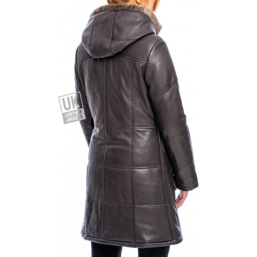 Women's Brown Leather Quilted Coat with Hood - Alicia - Back