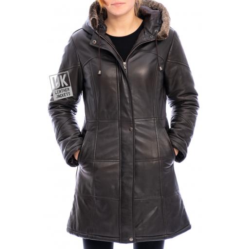 Women's Brown Leather Quilted Coat with Hood - Alicia