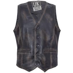 Mens Faded  Vintage Black Leather Waistcoat - Front