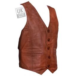 Men's  Chestnut Tan Leather Waistcoat - Longer Length - Side