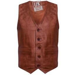 Men's  Chestnut Tan Leather Waistcoat - Longer Length - Front