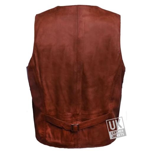Men's  Chestnut Tan Leather Waistcoat - Longer Length - Back