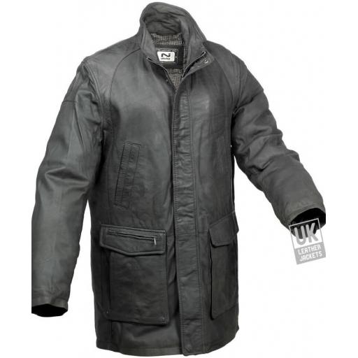 Mens 3/4 Length Charcoal Grey Leather Coat - Hexham - Front