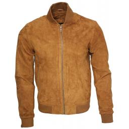 Mens Tan Suede Bomber Jacket - Houston - Front