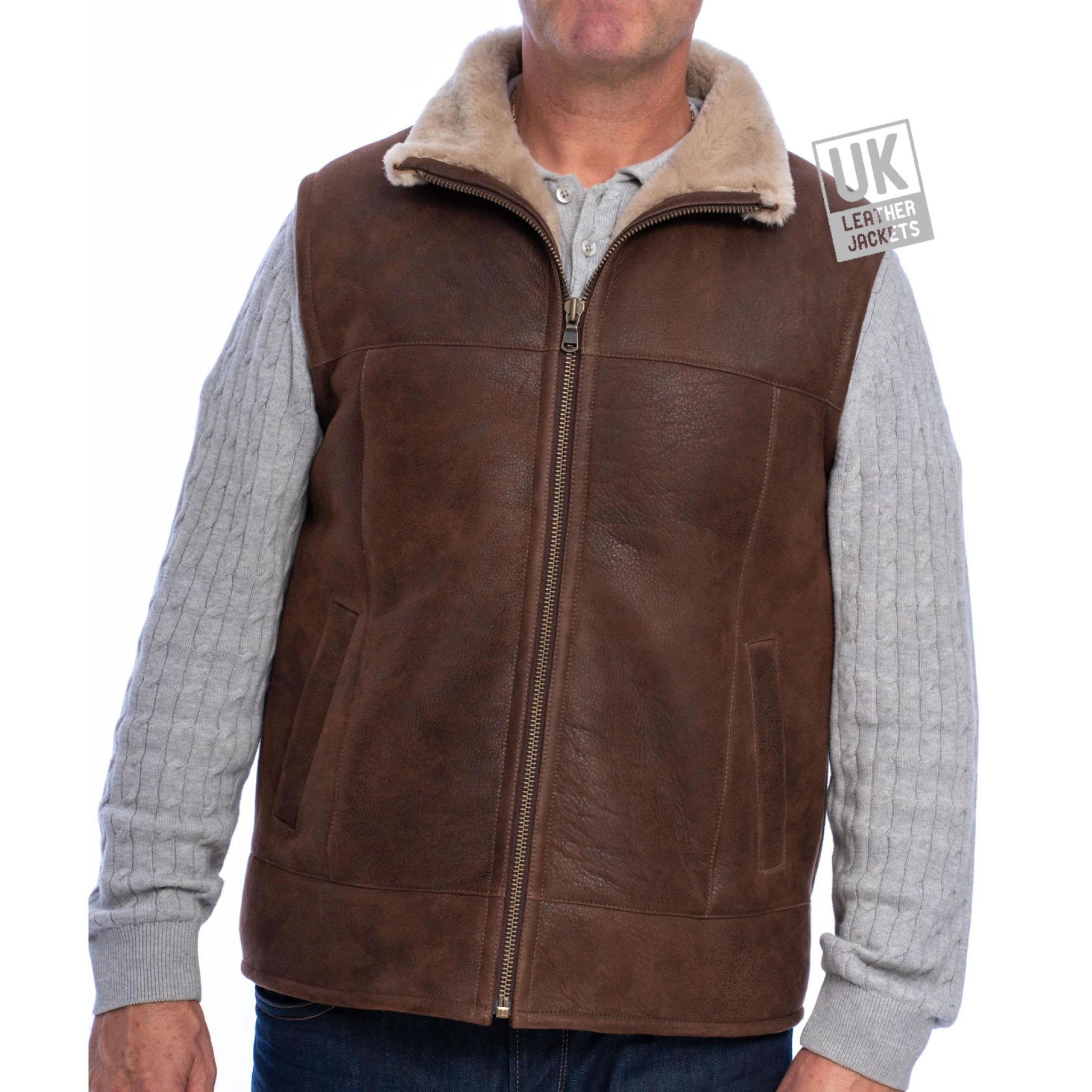 Mens Shearling Sheepskin Gilet - Vancouva - Chestnut Brown