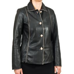 Ladies Black with Ivory Trim Leather Jacket - Ariel - Front Buttoned