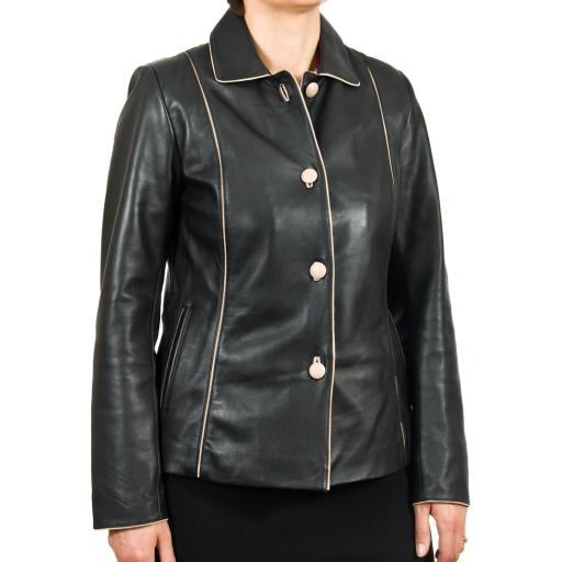 Ladies Black with Ivory Trim Leather Jacket - Ariel - Front Buttoned