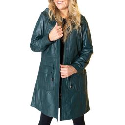 Women's Leather Parka Coat - Hazel in Green - Front