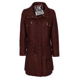 Women's Leather Parka Coat - Hazel in Mahogany Burgundy - Front