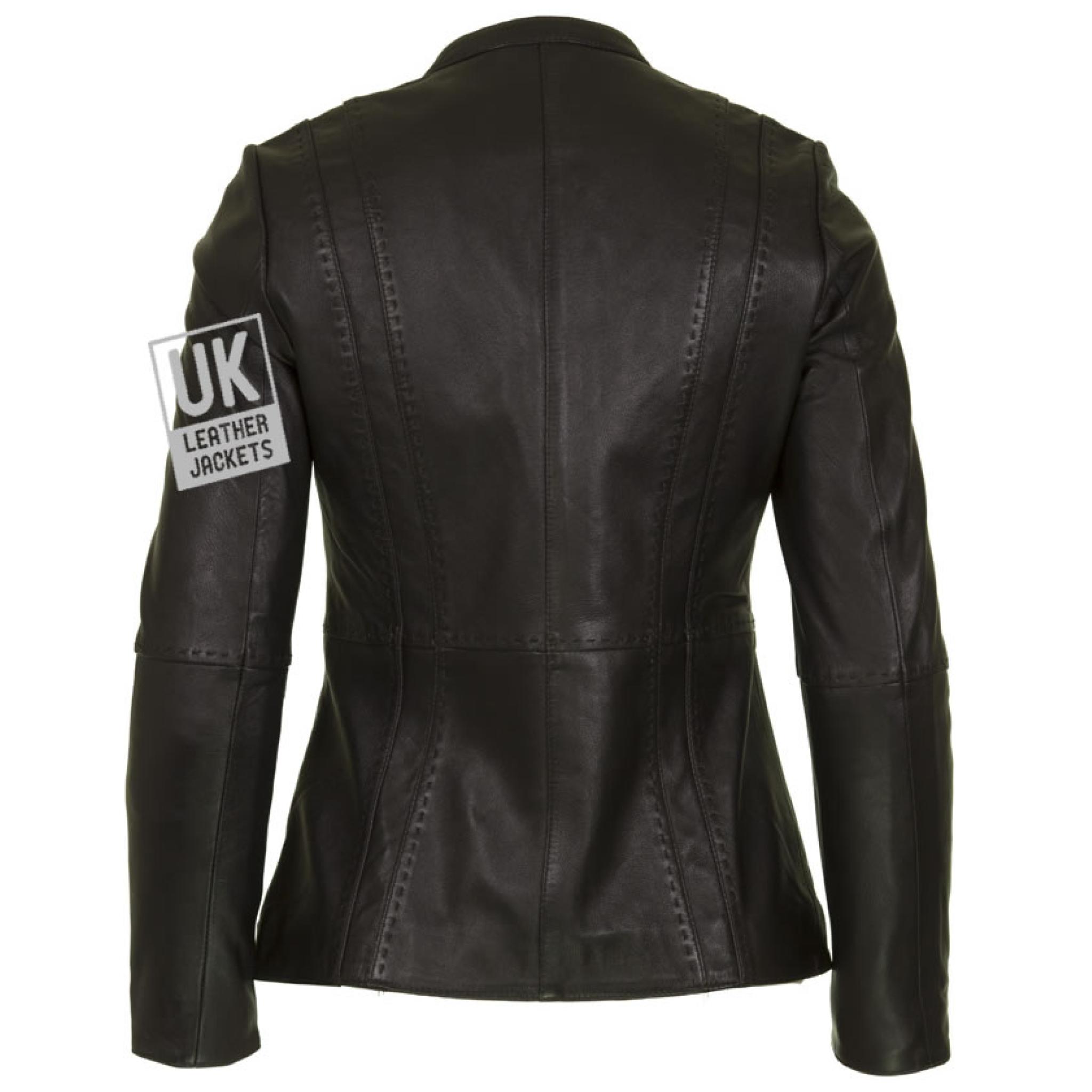 Womens Zip Black Leather Jacket Hip Length Clara