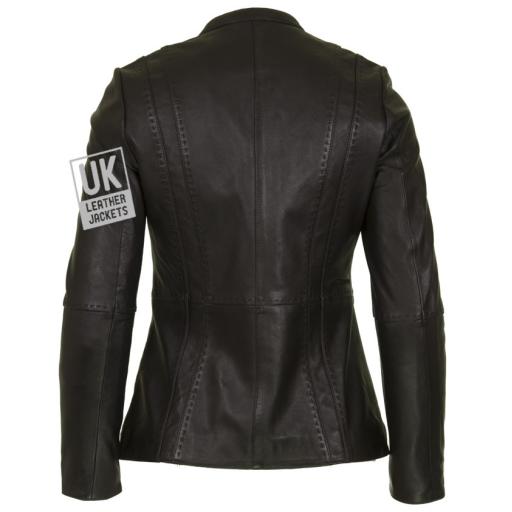 Womens Zip Black Leather Jacket - Hip Length - Clara - Back