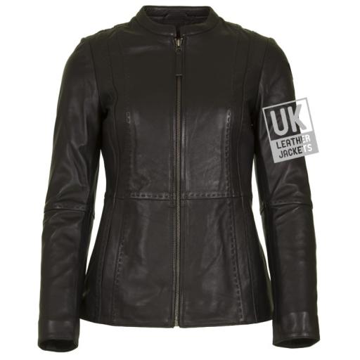 Womens Zip Black Leather Jacket - Hip Length - Clara - Front
