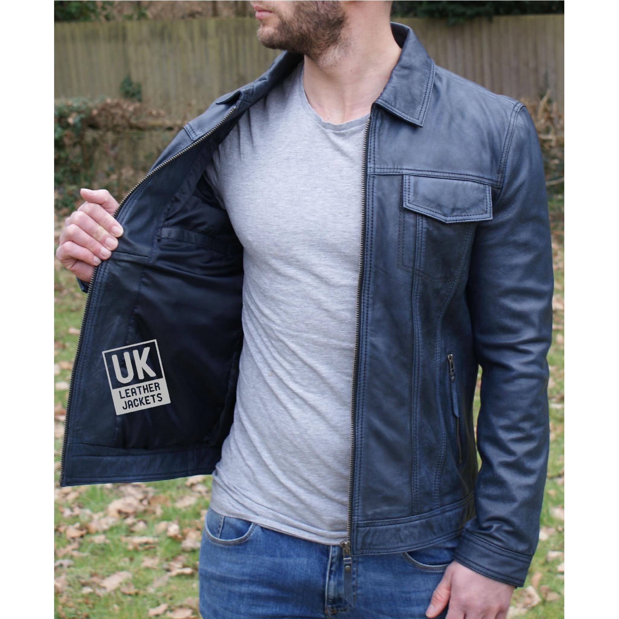 Mens Blue Leather Jacket Flint Ii Vintage Blue 0643