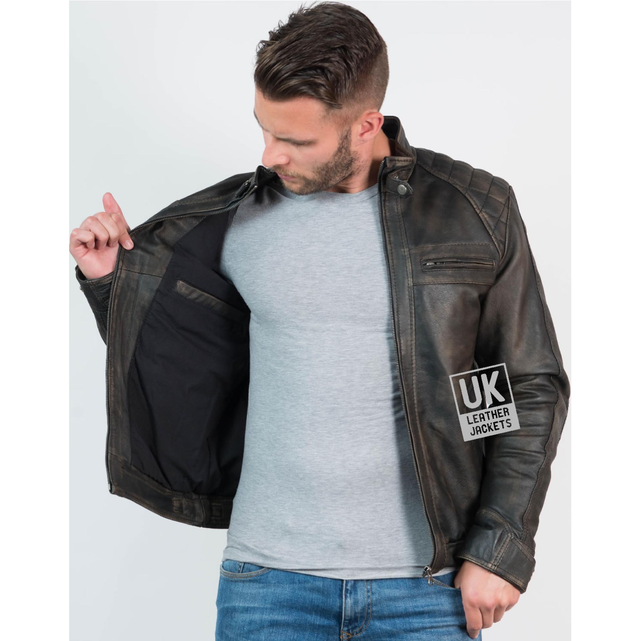 Mens Faded Black Leather Jacket Lancer