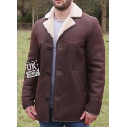 Mens Brown Sheepskin Jacket - Hip Length - Superior Quality  - Front