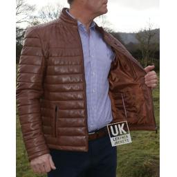 Mens Light Brown  Leather Jacket - Ultra Light Quilted - Linning
