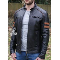 Men's Black Leather Biker Jacket - Tan Armbands - Front 2