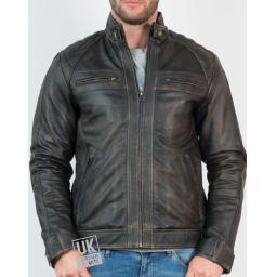 Mens Faded Black Leather Jacket - Lancer - Front Zipped