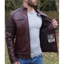 Mens Burgundy Leather Jacket - Quilted Diamond Cross Stitch - Linning