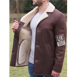 Mens Brown Sheepskin Jacket - Hip Length - Superior Quality - Cream Wool lining
