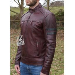 Mens Burgundy Leather Jacket - Quilted Diamond Cross Stitch - Front Zip
