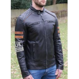 Men's Black Leather Biker Jacket - Tan Armbands -  Front Zip