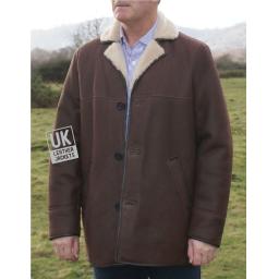 Mens Brown Sheepskin Car Coat - Foxhill - Cream Wool - Button Front