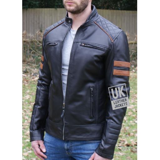 Men's Black Leather Biker Jacket - Tan Armbands - Front