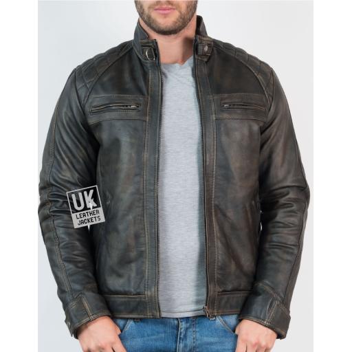 Mens Faded Black Leather Jacket - Lancer - Front 1