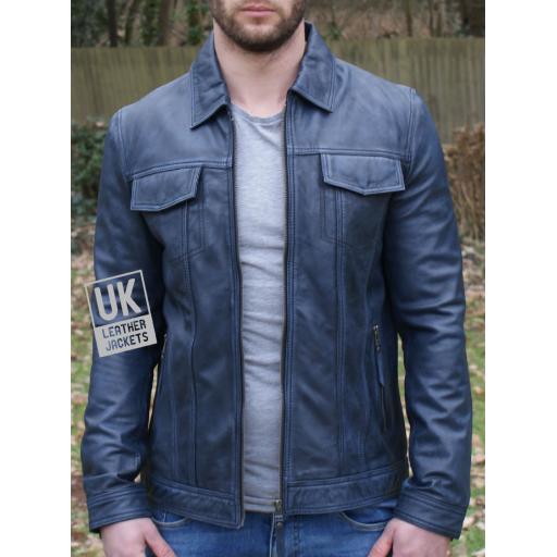 Mens Blue Leather Jacket - Flint - Vintage Blue - Front 2
