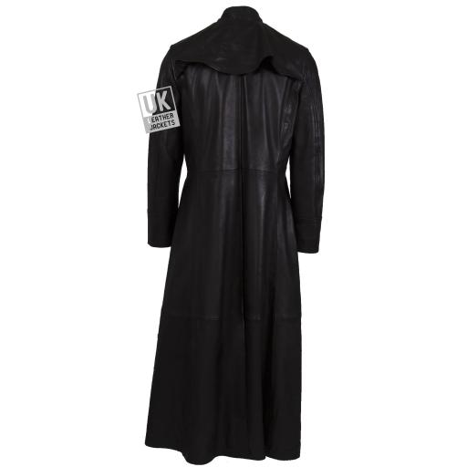 Mens Black Full Length Leather Coat - Gothic - Back