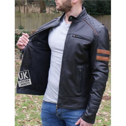 Men's Black Leather Biker Jacket - Tan Armbands - Linning