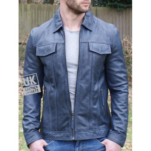 Mens Blue Leather Jacket - Flint - Vintage Blue - Front Centre Zip
