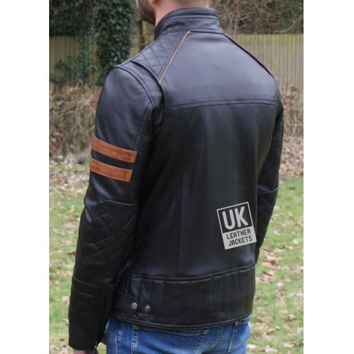 Men's Black Leather Biker Jacket - Tan Armbands - Back