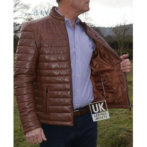 Mens Light Brown  Leather Jacket - Ultra Light Quilted - Linning