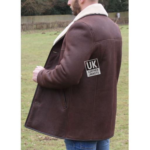 Mens Brown Sheepskin Jacket - Hip Length - Superior Quality - Back