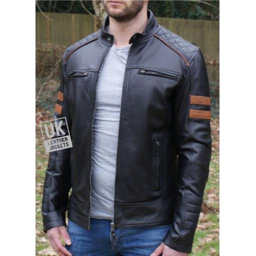 Men's Black Leather Biker Jacket - Tan Armbands - Front 2
