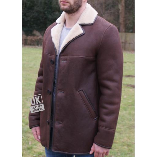 Mens Brown Sheepskin Jacket - Hip Length - Superior Quality -Side