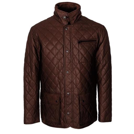 Mens Quilted Diamond Stitch Brown Leather Jacket - Redford - Front 2