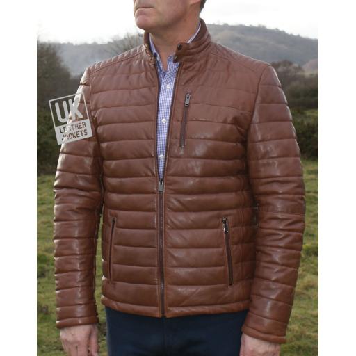 Mens Light Brown  Leather Jacket - Ultra Light Quilted - Front
