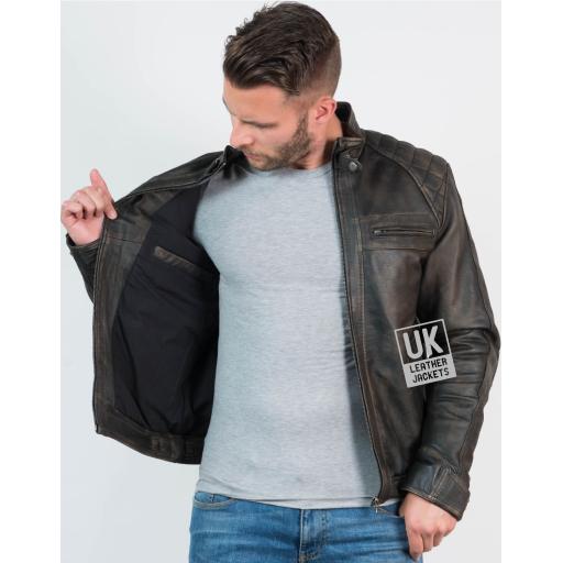 Mens Faded Black Leather Jacket - Lancer - Lining